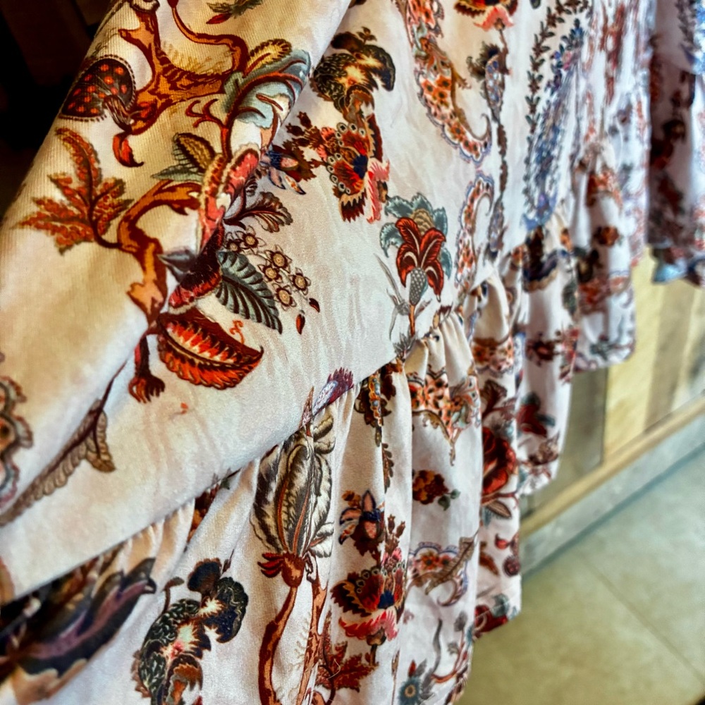 French Floral Long Sleeve Dress with Splashes of Orange & Brown - Picture 6 of 7